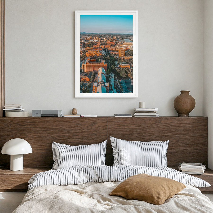 Knoxville Photo No 2 Poster in a white wood frame, hanging in a bedroom, white border