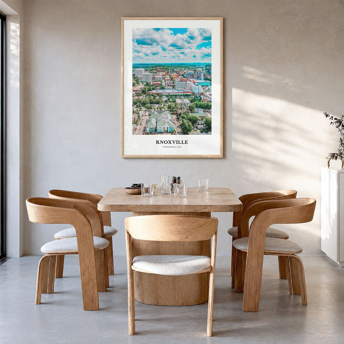 Knoxville Classic Poster in a natural wood frame, hanging in a dining room
