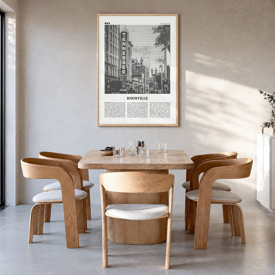 Knoxville Newspaper No 1 Poster in a natural wood frame, hanging in a dining room