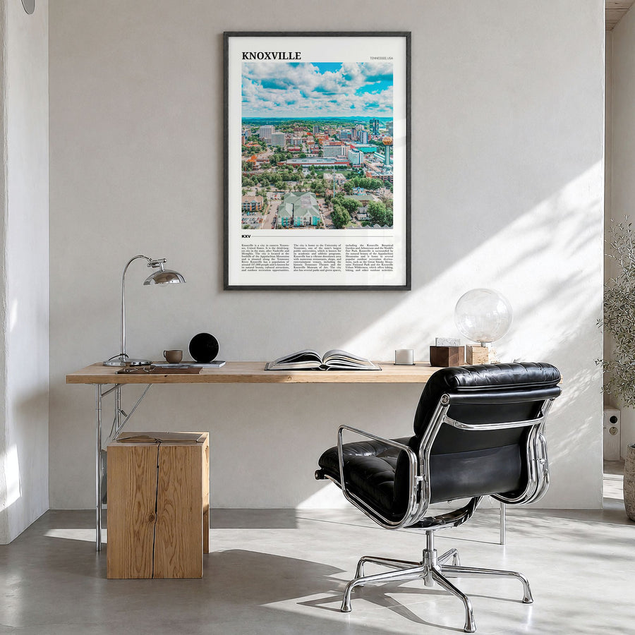 Knoxville Travel Poster in a black wood frame, hanging in a bright home office
