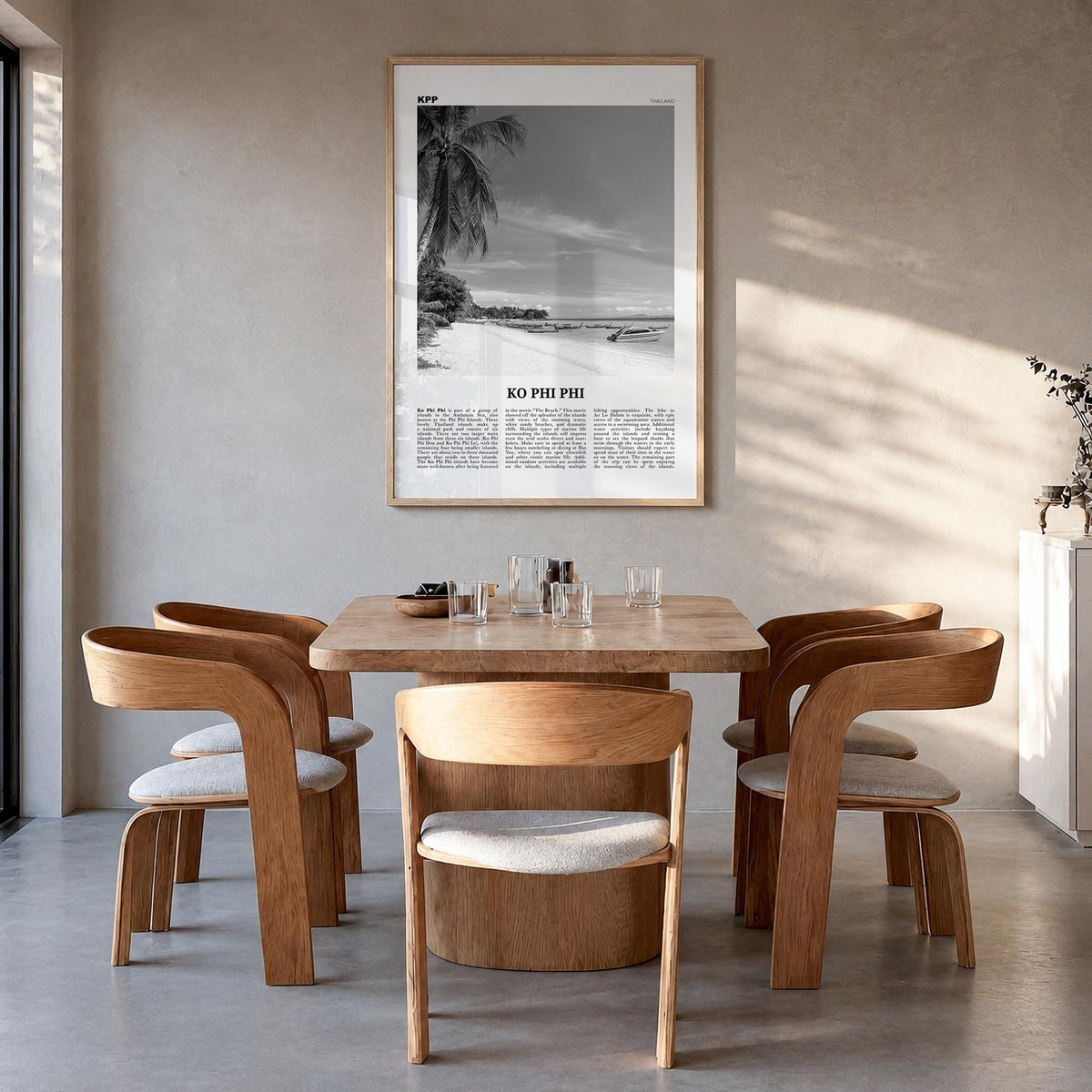 Phi Phi Islands no. 1 black & white newspaper poster of Thailand – vertical wall art in natural wood frame, hanging on wall