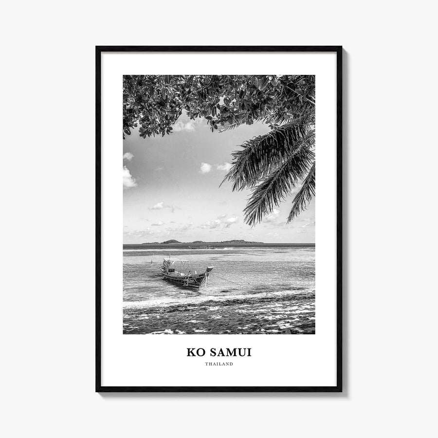 Ko Samui black & white classic poster of Thailand – vertical wall art, unframed print shown in interior mockup