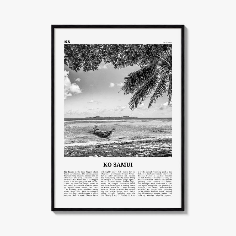 Ko Samui black & white newspaper poster of Thailand – vertical wall art, unframed print shown in interior mockup