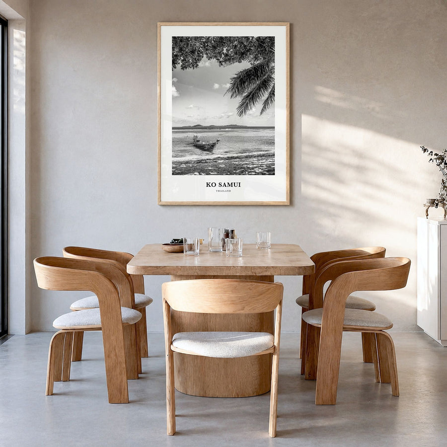 Ko Samui Classic Poster in a natural wood frame, hanging in a dining room