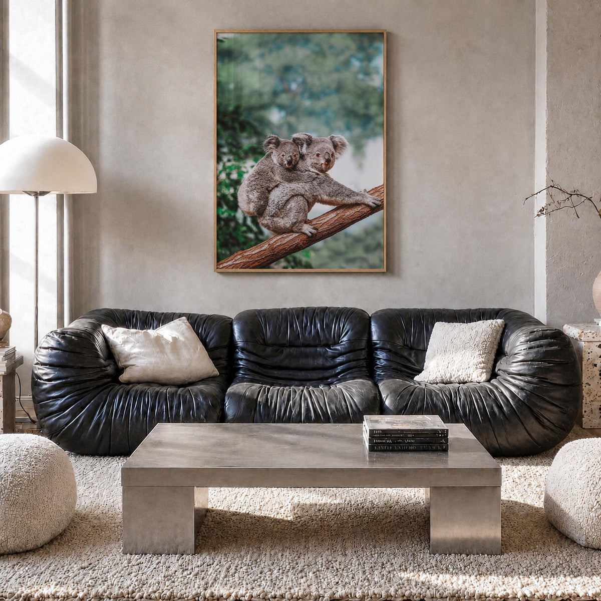 Koala colorful photo poster – vertical wall art in natural wood frame, hanging on wall