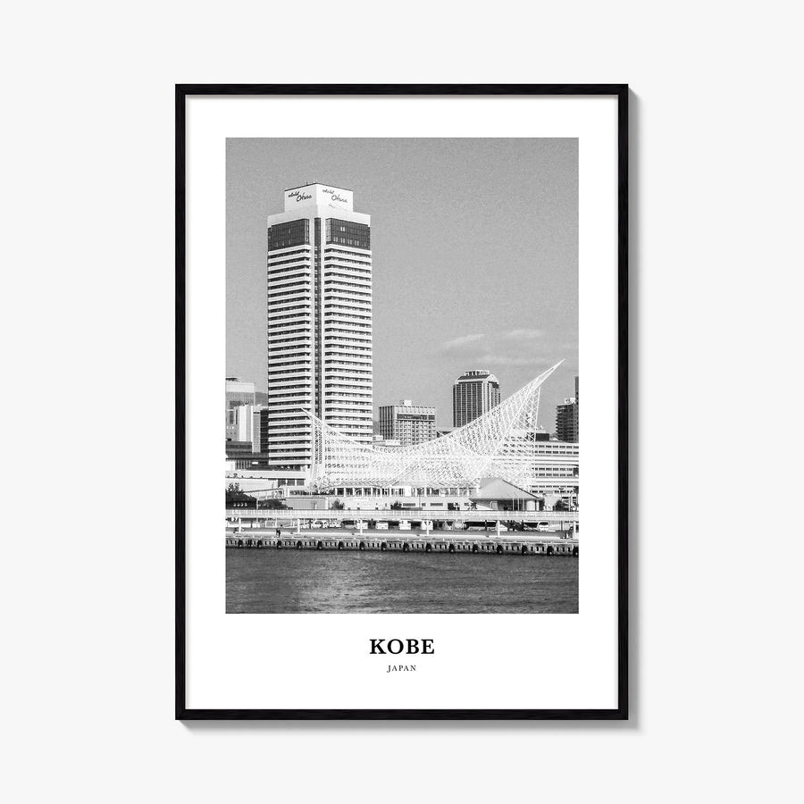 Kobe black & white classic poster of Japan – vertical wall art, unframed print shown in interior mockup