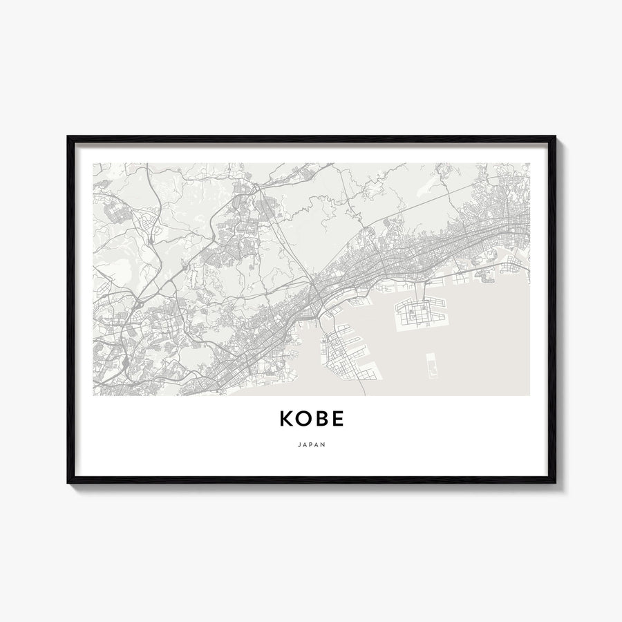 Kobe black & white map poster of Japan – horizontal wall art, unframed print shown in interior mockup