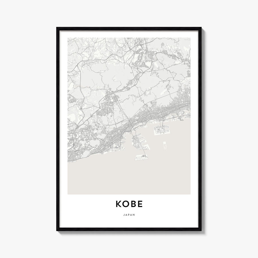 Kobe black & white map poster of Japan – vertical wall art, unframed print shown in interior mockup