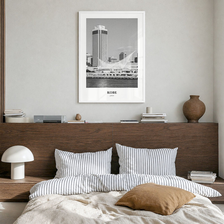 Kobe Classic Poster in a white wood frame, hanging in a bedroom