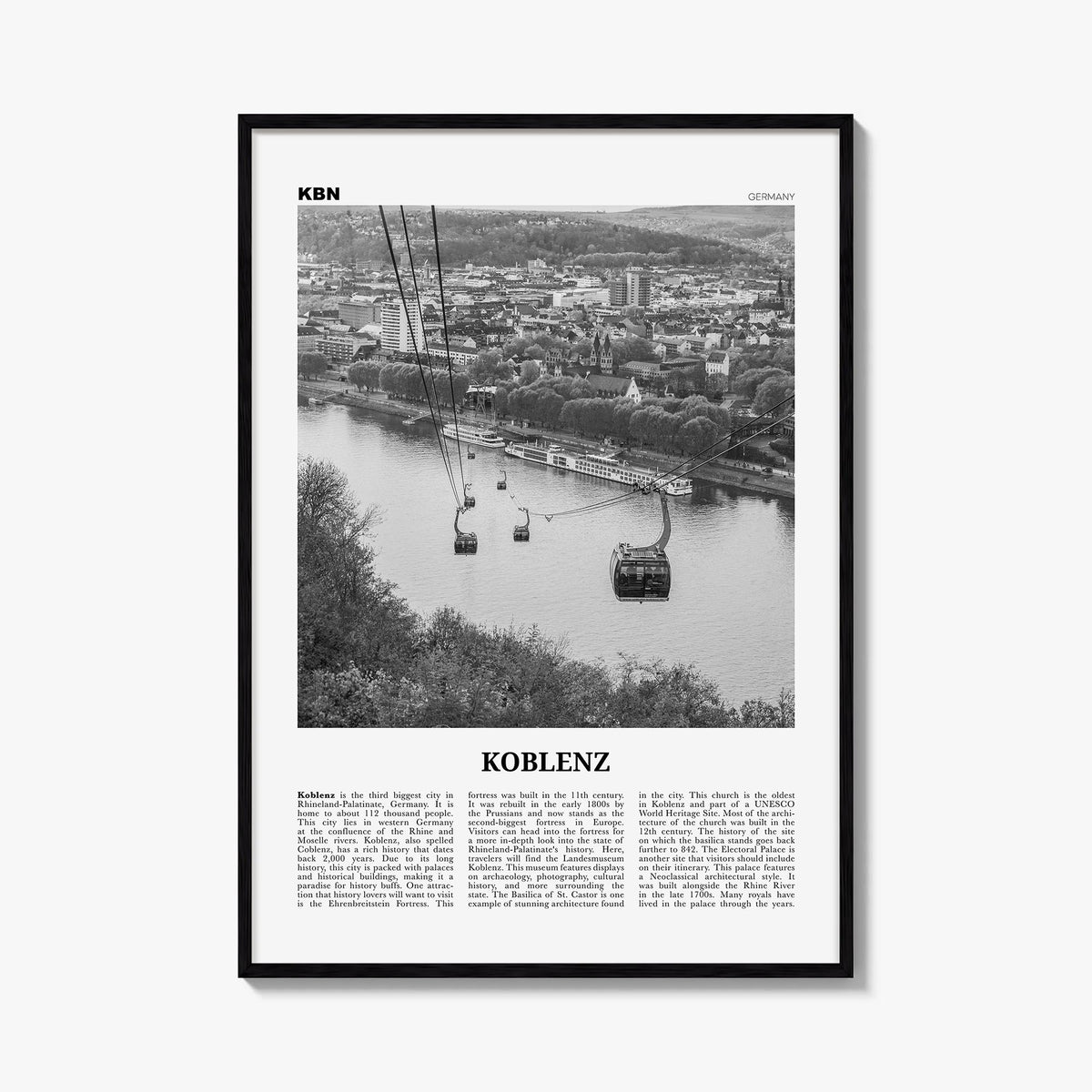 Koblenz black & white newspaper poster of Germany – vertical wall art, unframed print shown in interior mockup