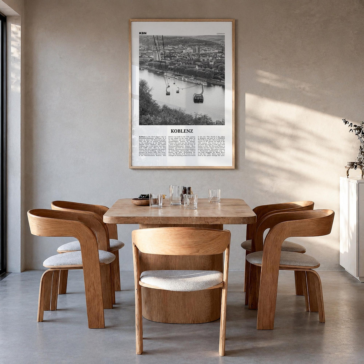 Koblenz black & white newspaper poster of Germany – vertical wall art in natural wood frame, hanging on wall