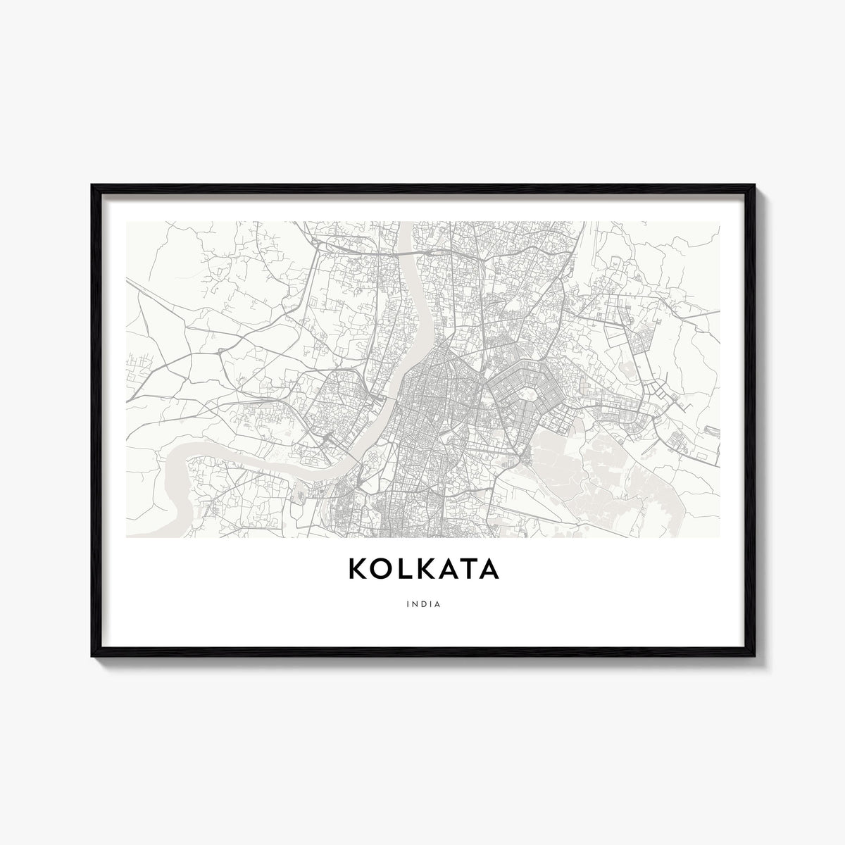 Kolkata black & white map poster of India – horizontal wall art, unframed print shown in interior mockup