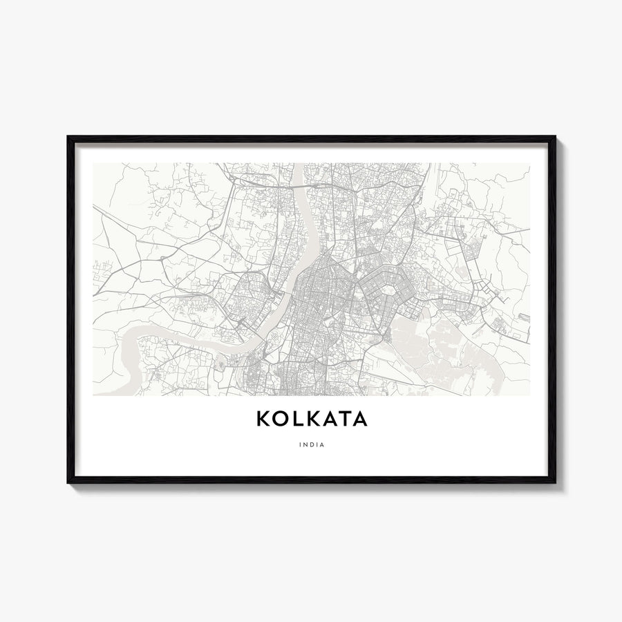 Kolkata black & white map poster of India – horizontal wall art, unframed print shown in interior mockup