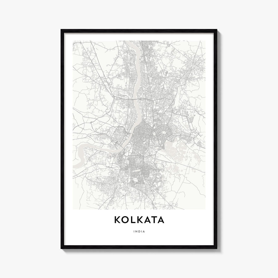 Kolkata black & white map poster of India – vertical wall art, unframed print shown in interior mockup