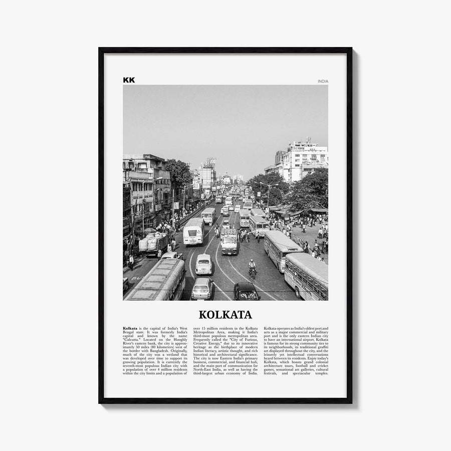 Kolkata black & white newspaper poster of India – vertical wall art, unframed print shown in interior mockup