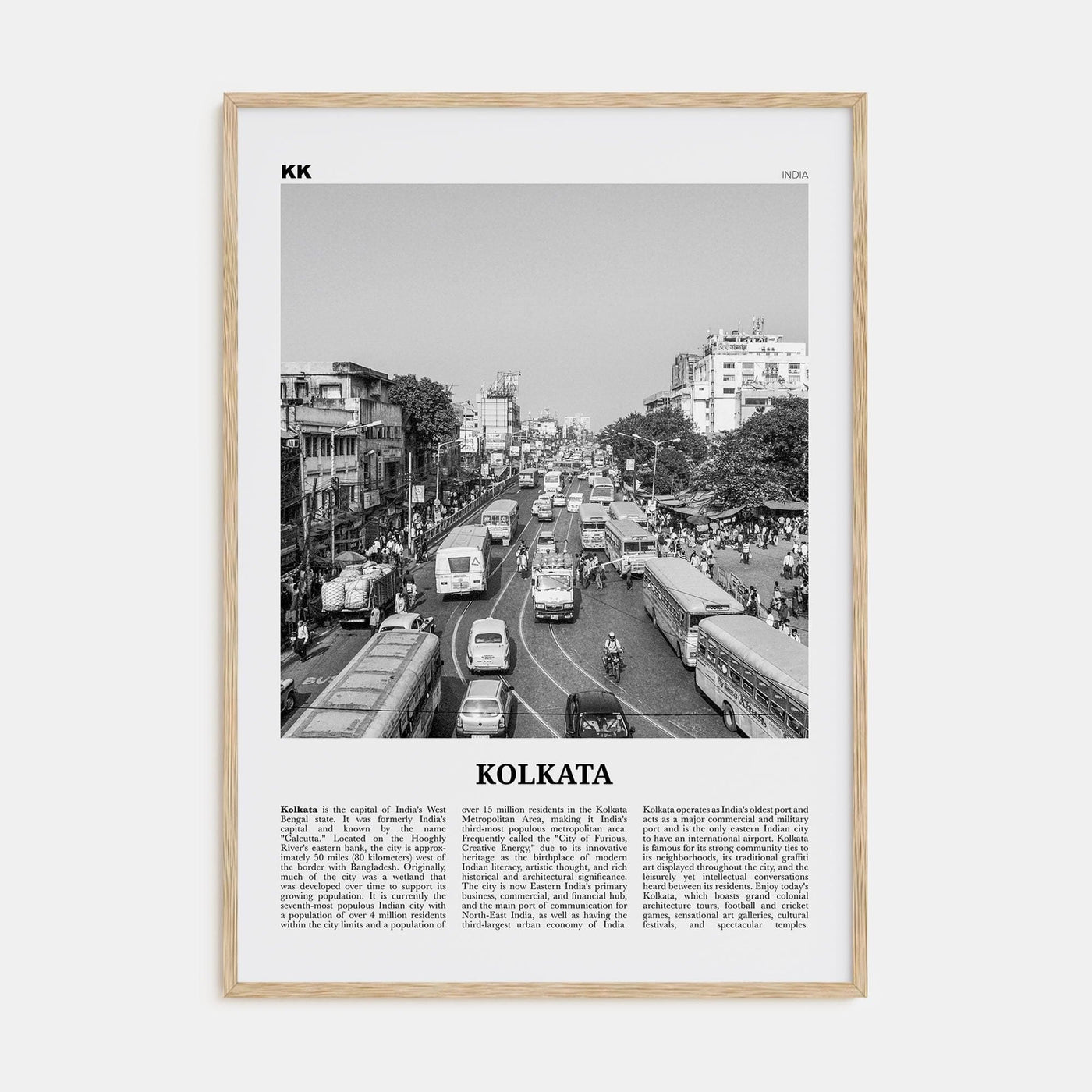 Kolkata Poster Natural Wood / 8x12 in Nbourhood Travel B&W Poster