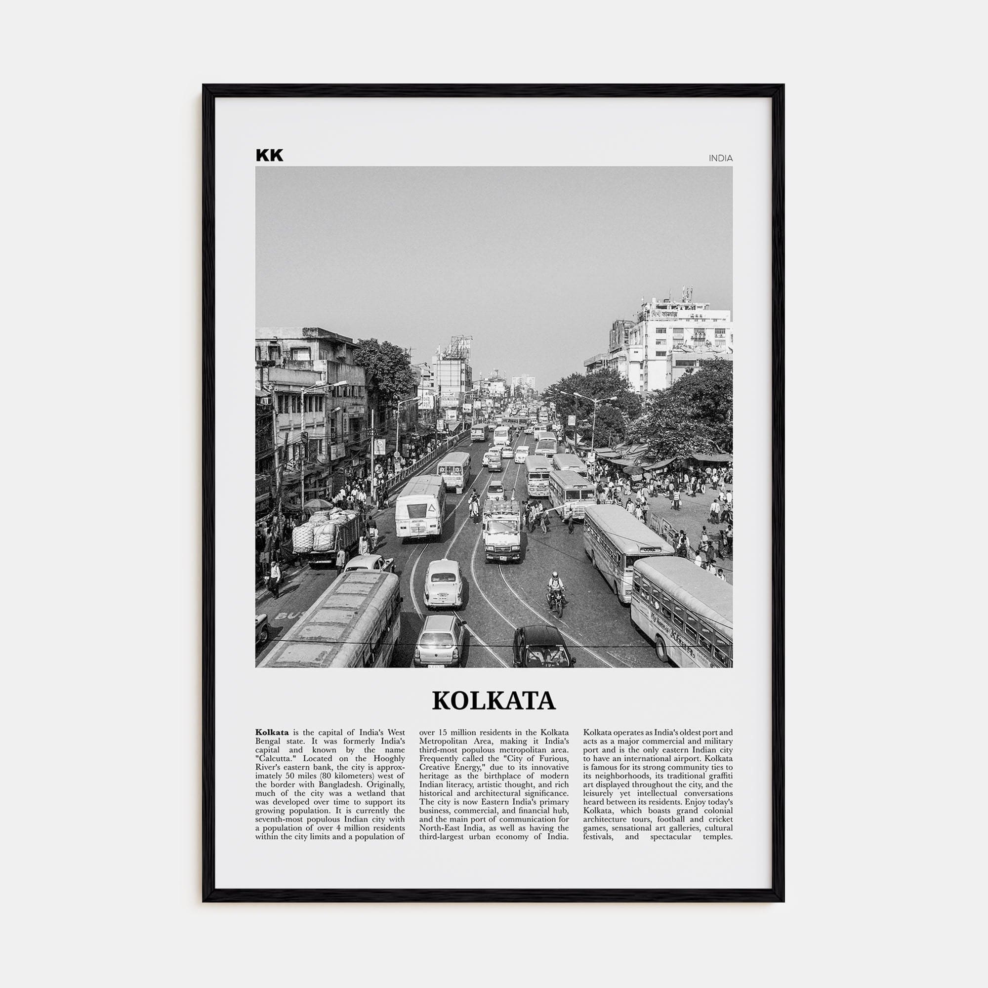 Kolkata Poster Black Wood / 8x12 in Nbourhood Travel B&W Poster