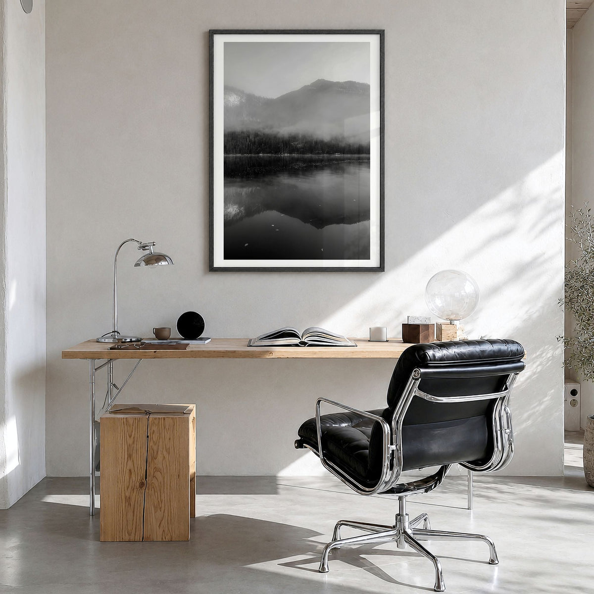 Königssee Photo Poster in a black wood frame, hanging in a bright home office, white border