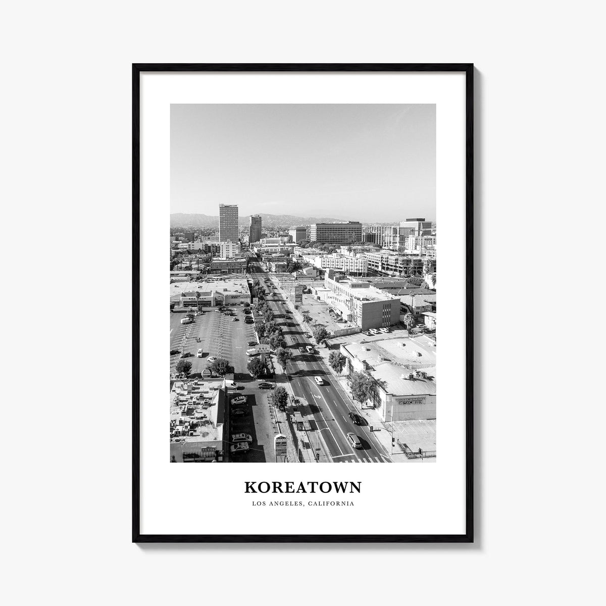 Koreatown, Los Angeles black & white classic poster of California, USA – vertical wall art, unframed print shown in interior 