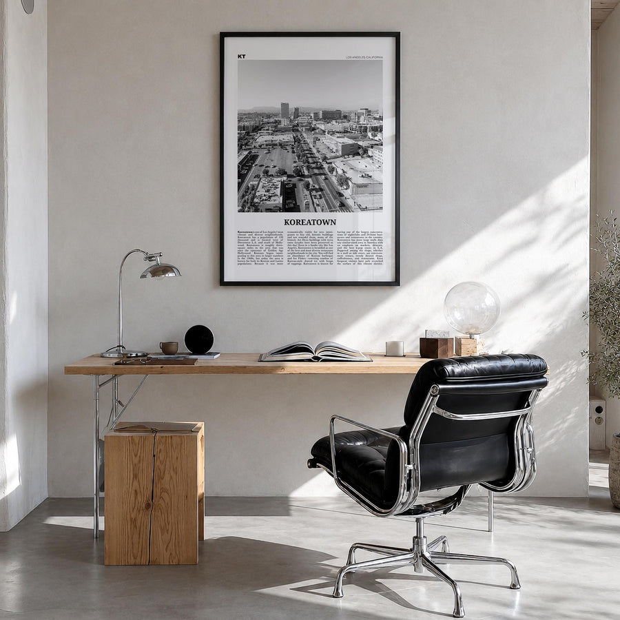 Koreatown, Los Angeles black & white newspaper poster of California, USA – vertical wall art in black wood frame, hanging on 