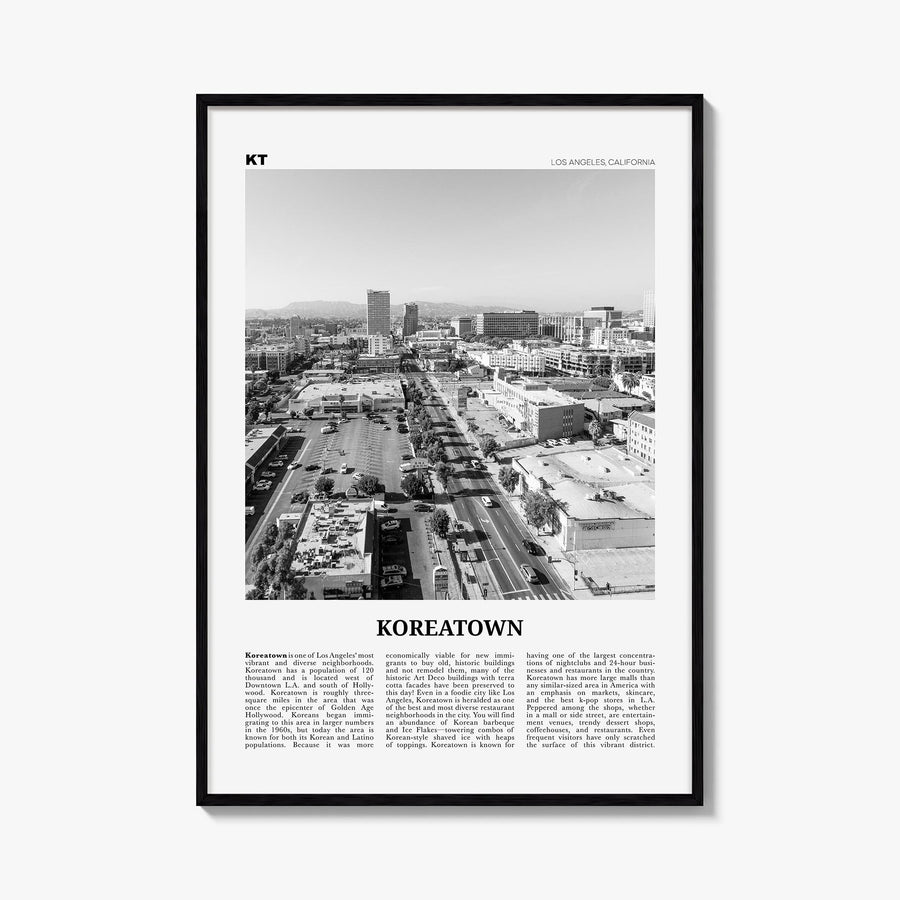 Koreatown, Los Angeles black & white newspaper poster of California, USA – vertical wall art, unframed print shown in interio