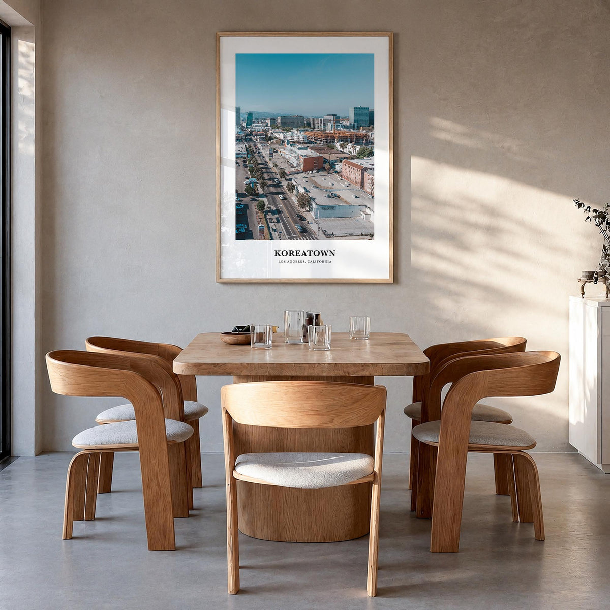 Koreatown, Los Angeles colorful classic poster of California, USA – vertical wall art in natural wood frame, hanging on wall