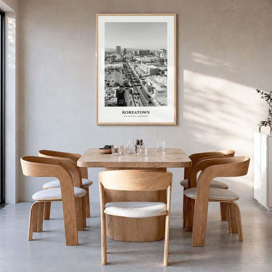 Koreatown, Los Angeles Classic Poster in a natural wood frame, hanging in a dining room