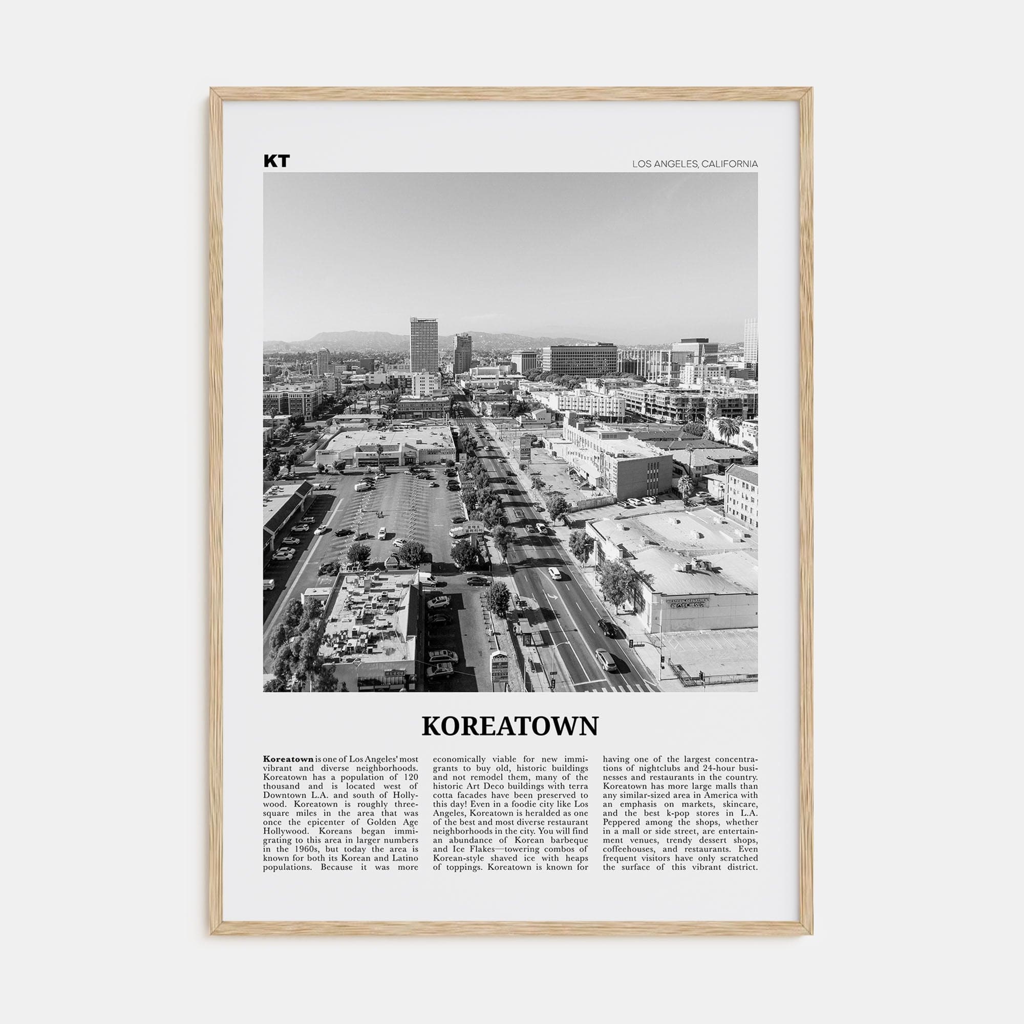 Koreatown, Los Angeles Poster Natural Wood / 8x12 in Nbourhood Travel B&W Poster