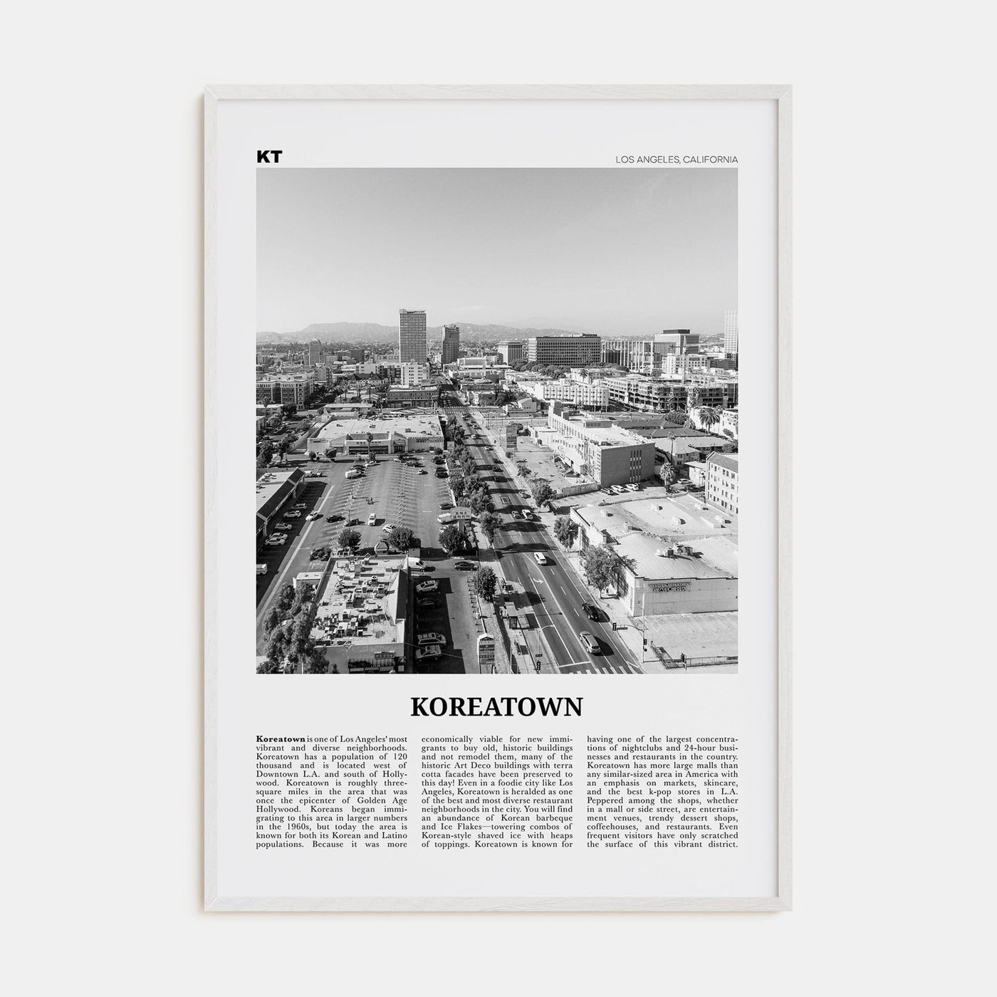 Koreatown, Los Angeles Poster White Wood / 8x12 in Nbourhood Travel B&W Poster