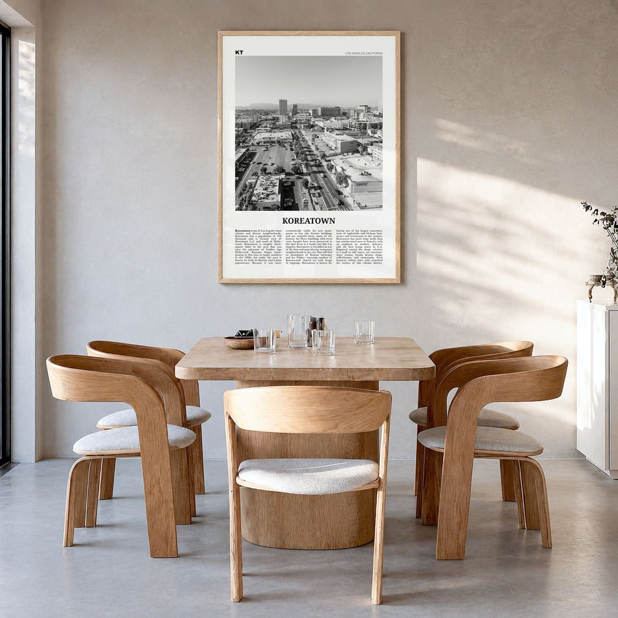 Koreatown, Los Angeles Newspaper Poster in a natural wood frame, hanging in a dining room