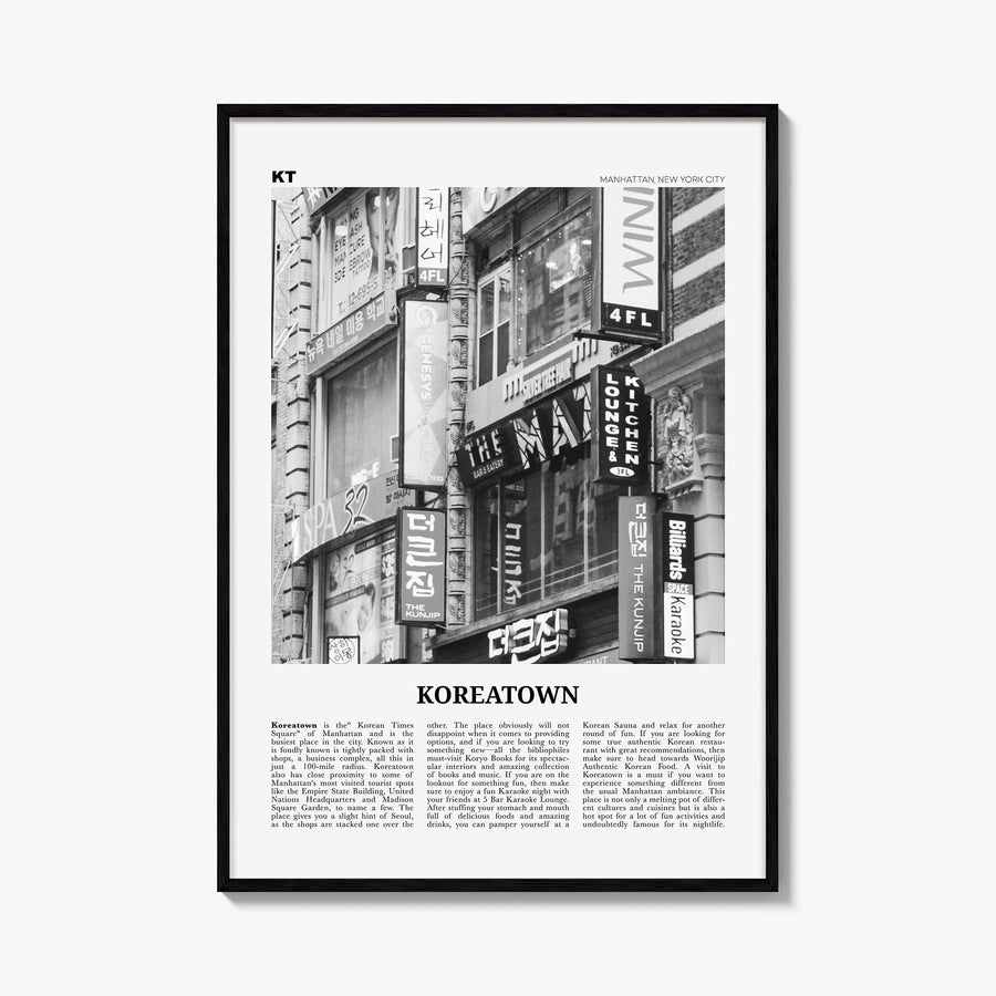Koreatown, New York black & white newspaper poster of New York, USA – vertical wall art, unframed print shown in interior moc