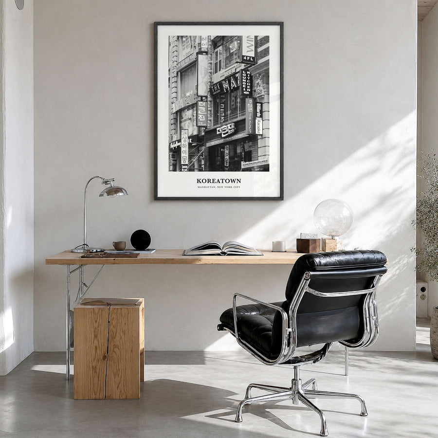 Koreatown, New York Classic Poster in a black wood frame, hanging in a bright home office