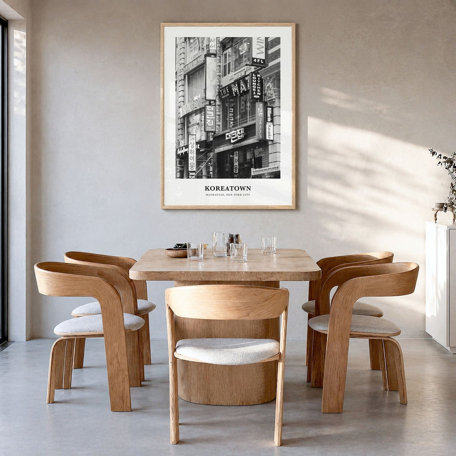 Koreatown, New York Classic Poster in a natural wood frame, hanging in a dining room