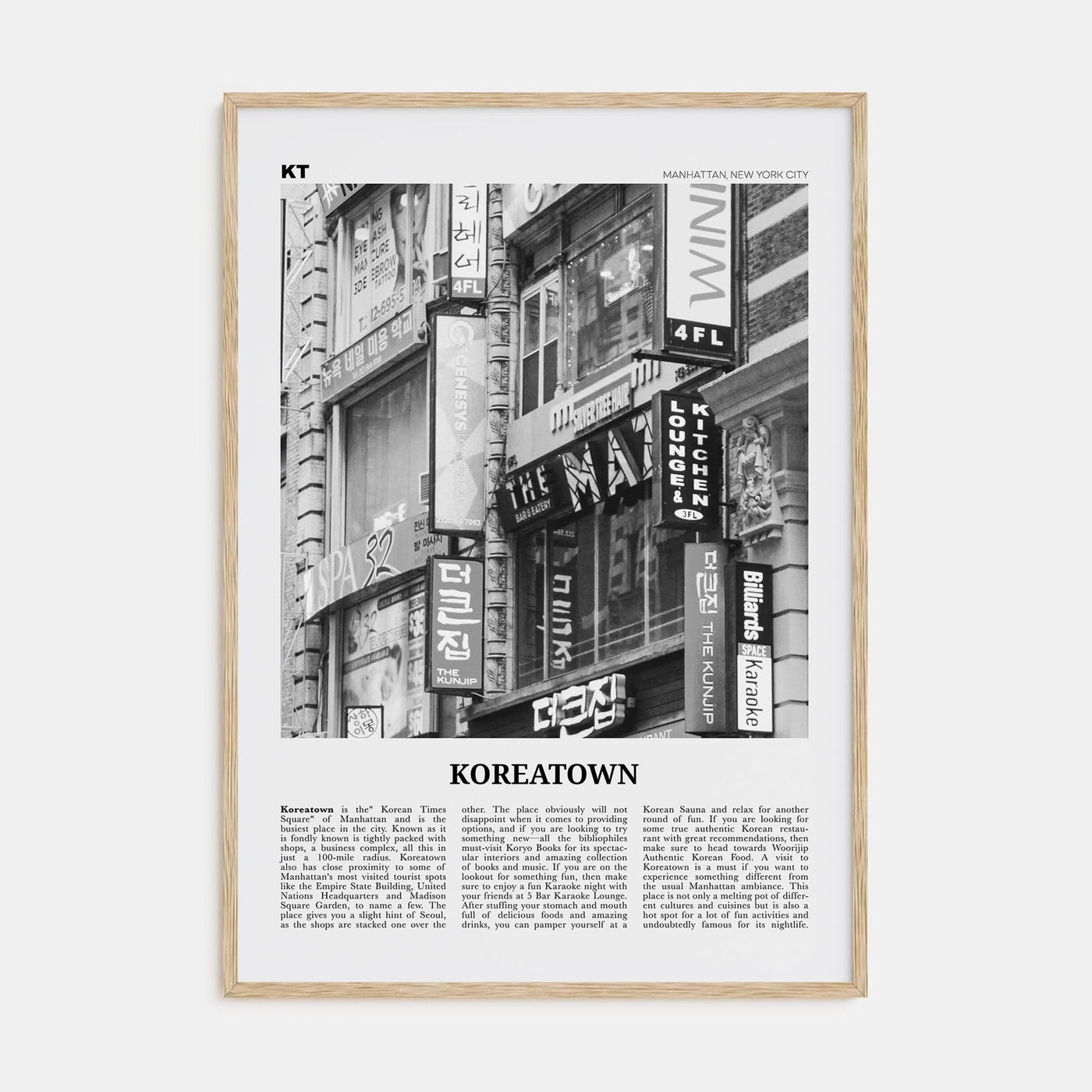 Koreatown, New York Poster Natural Wood / 8x12 in Nbourhood Travel B&W Poster