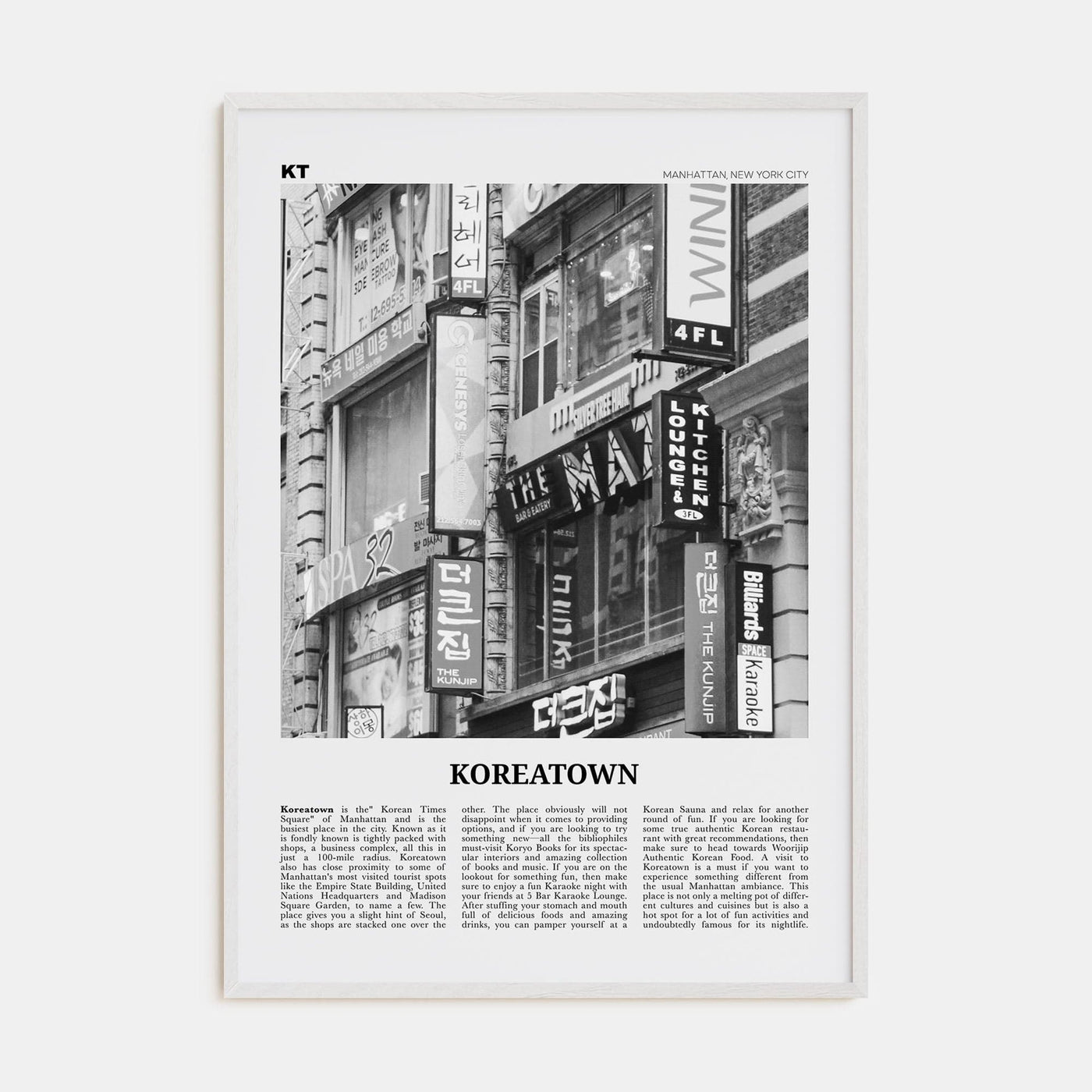 Koreatown, New York Poster White Wood / 8x12 in Nbourhood Travel B&W Poster