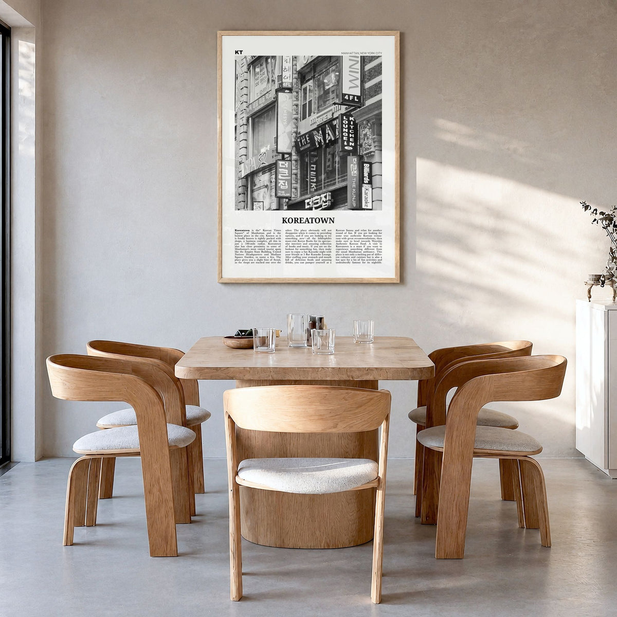 Koreatown, New York Newspaper Poster in a natural wood frame, hanging in a dining room