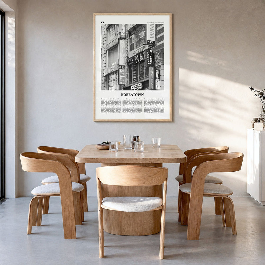 Koreatown, New York Newspaper Poster in a natural wood frame, hanging in a dining room