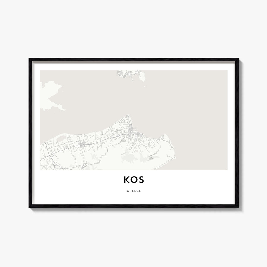 Kos black & white map poster of Greece – horizontal wall art, unframed print shown in interior mockup