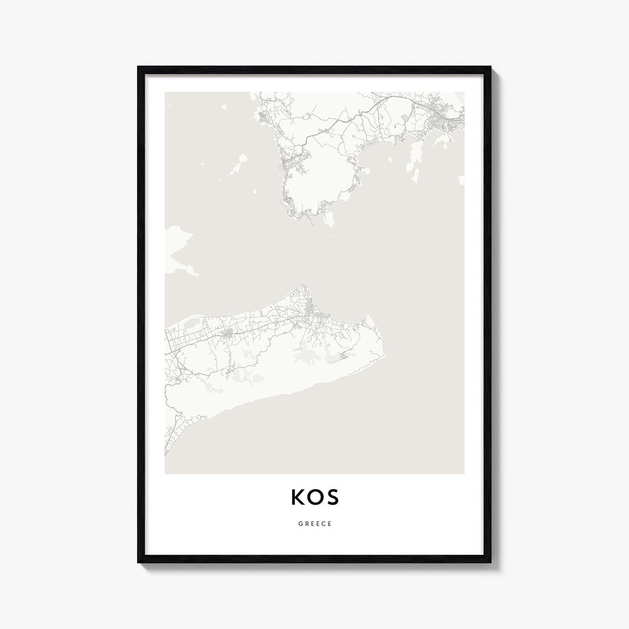 Kos black & white map poster of Greece – vertical wall art, unframed print shown in interior mockup