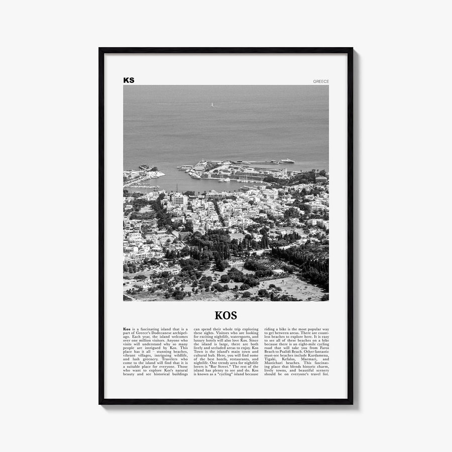 Kos black & white newspaper poster of Greece – vertical wall art, unframed print shown in interior mockup