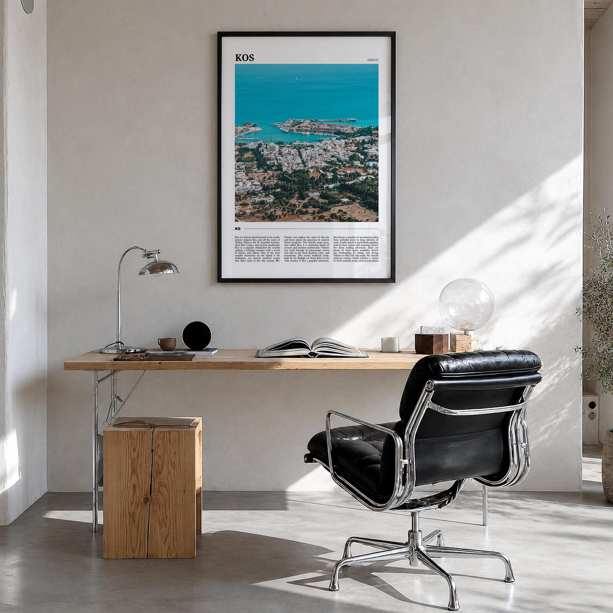 Kos colorful travel poster of Greece – vertical wall art in black wood frame, hanging on wall