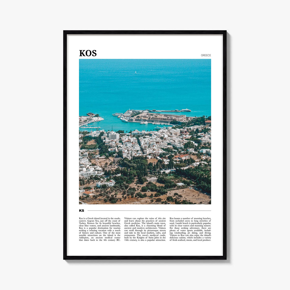 Kos colorful travel poster of Greece – vertical wall art, unframed print shown in interior mockup