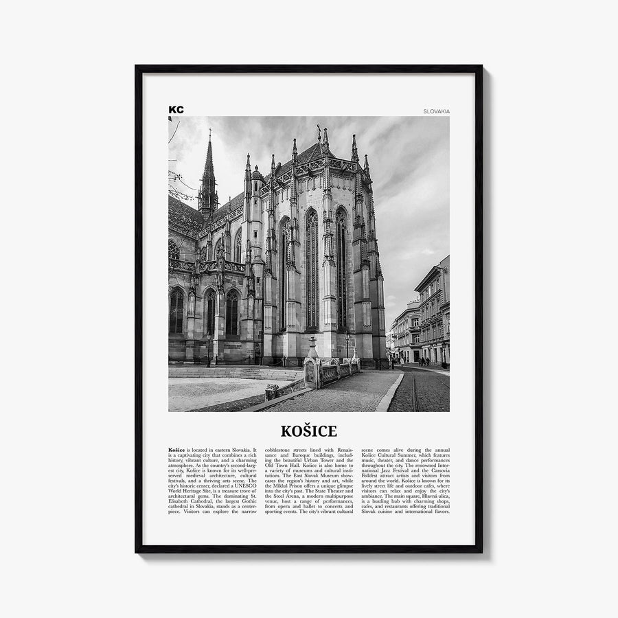 Košice black & white newspaper poster of Slovakia – vertical wall art, unframed print shown in interior mockup