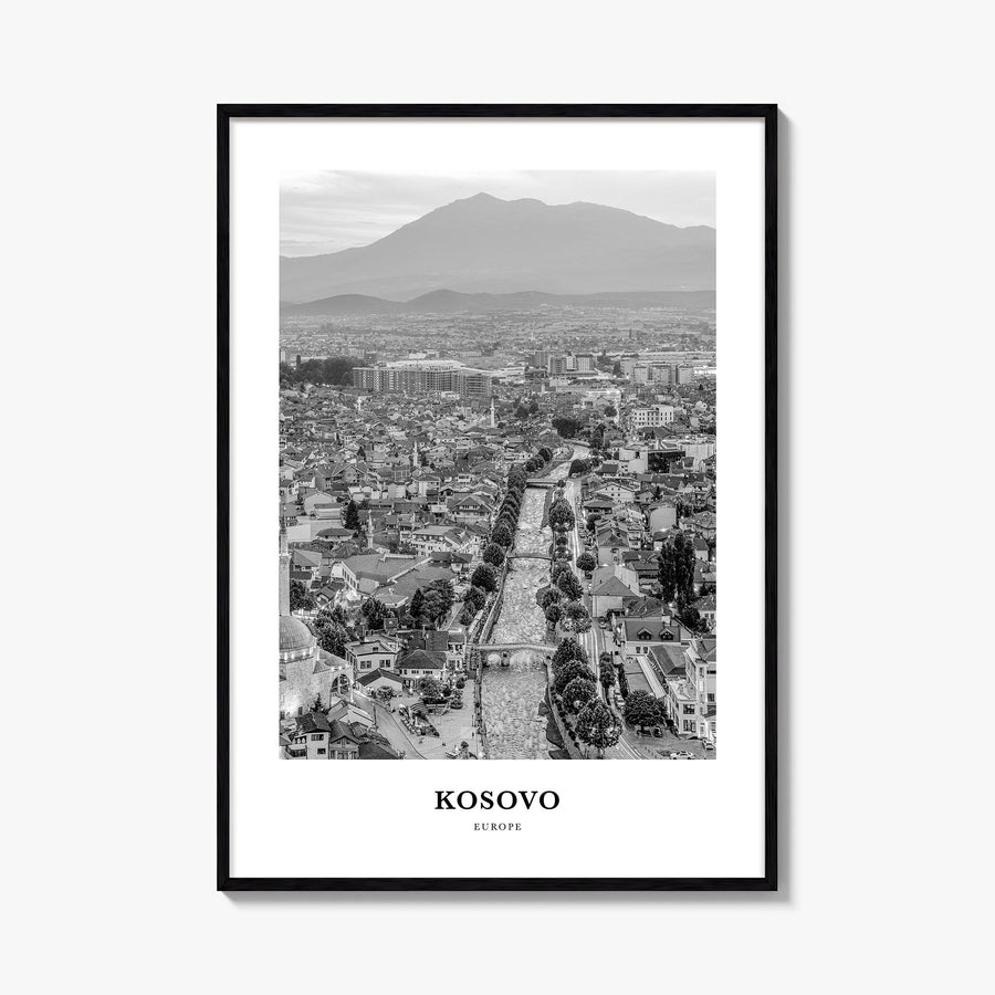 Kosovo black & white classic poster of Europe – vertical wall art, unframed print shown in interior mockup