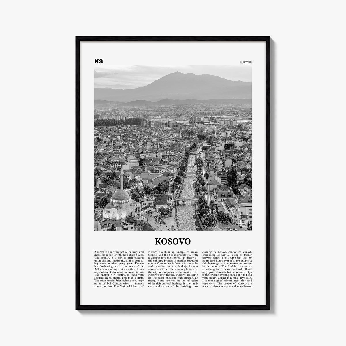 Kosovo black & white newspaper poster of Europe – vertical wall art, unframed print shown in interior mockup