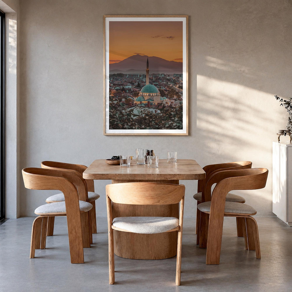 Kosovo colorful photo poster of Europe – vertical wall art in natural wood frame with white border, hanging on wall