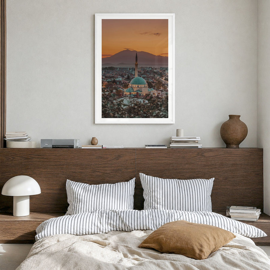 Kosovo Photo Poster in a white wood frame, hanging in a bedroom, white border