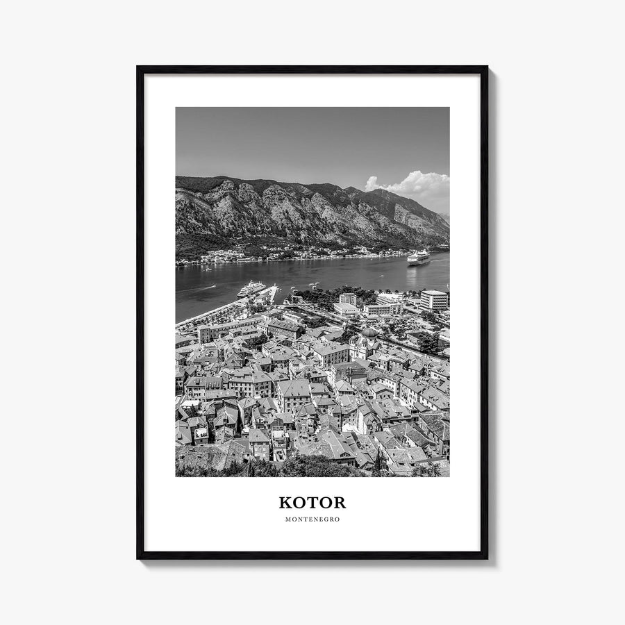 Kotor black & white classic poster of Montenegro – vertical wall art, unframed print shown in interior mockup