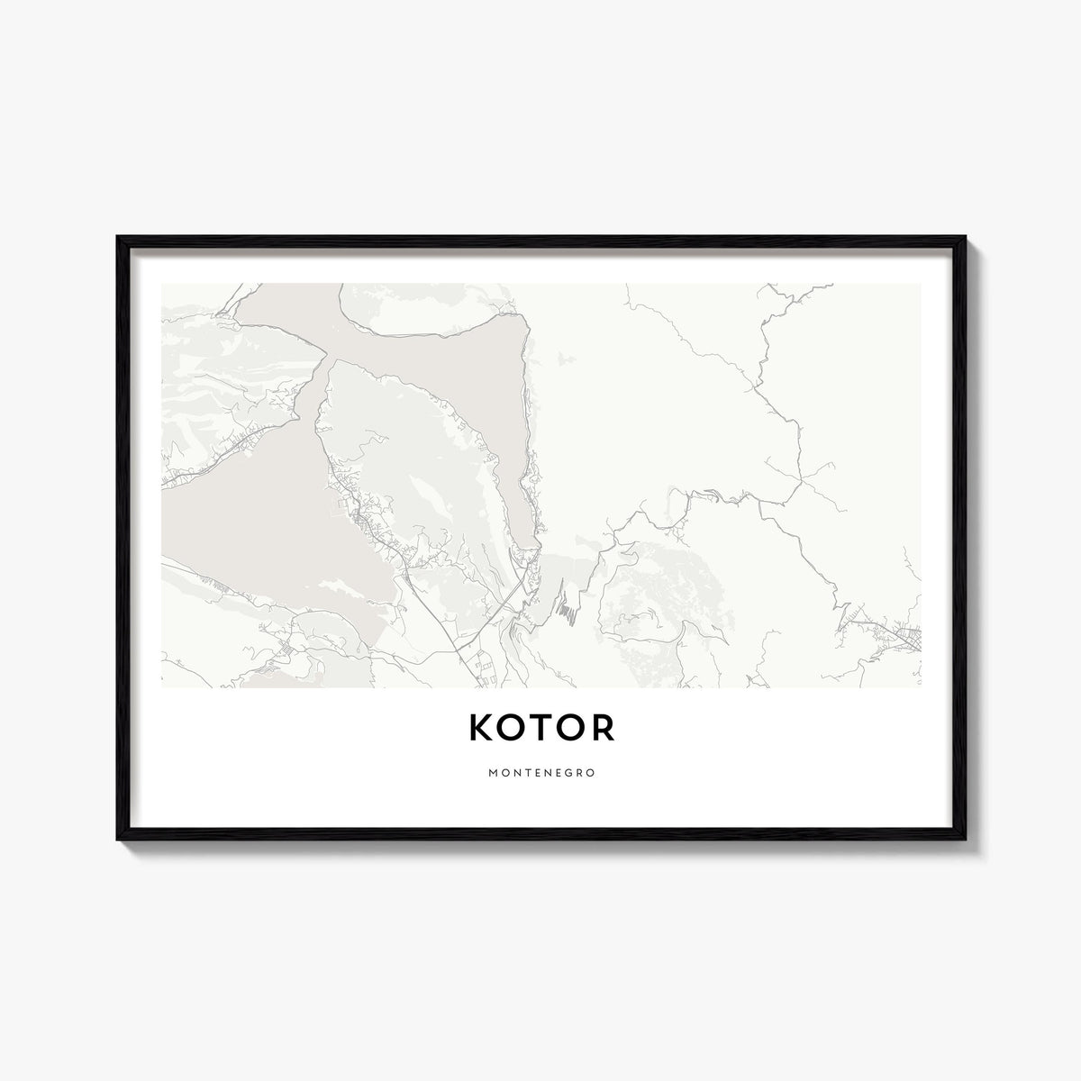 Kotor black & white map poster of Montenegro – horizontal wall art, unframed print shown in interior mockup