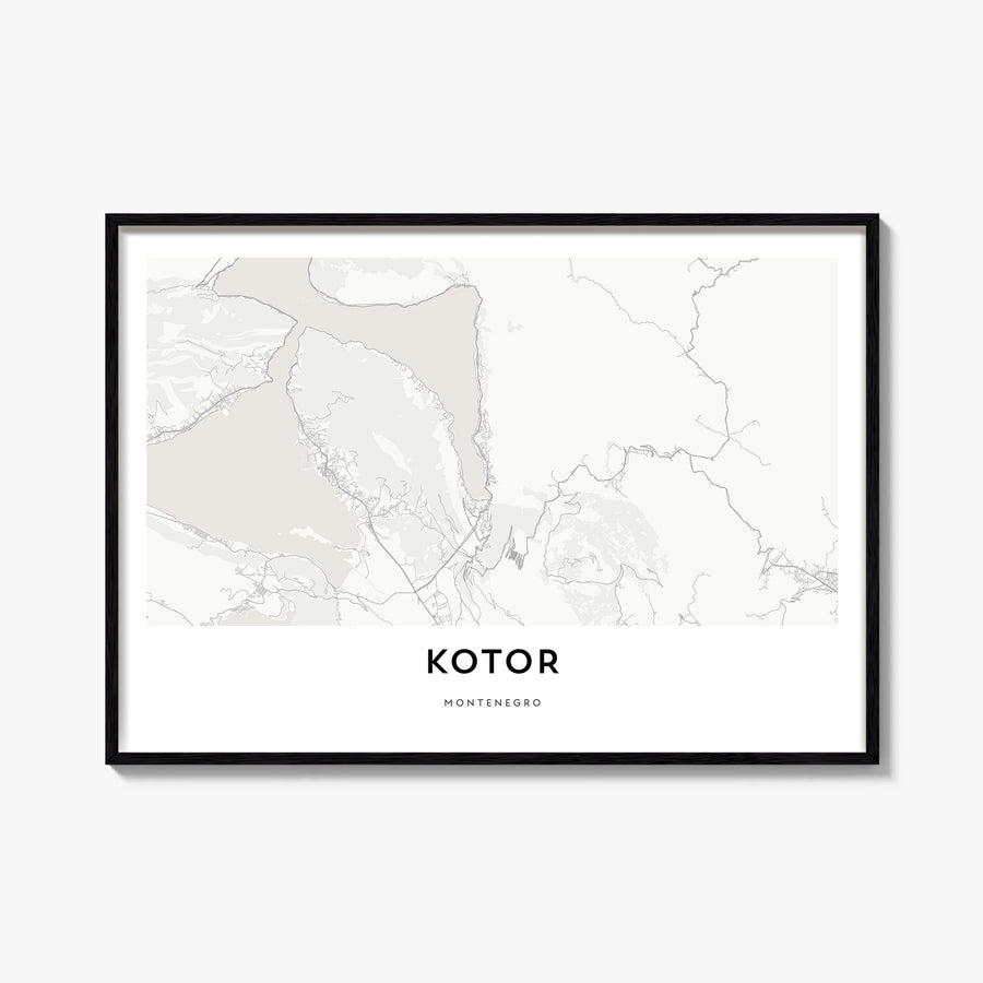 Kotor black & white map poster of Montenegro – horizontal wall art, unframed print shown in interior mockup